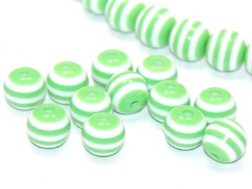 Бусины пластик полосатые зелено-белые. 8 мм. 10 шт.
