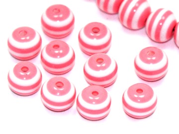 Бусины пластик полосатые розово-белые. 10 мм. 10 шт.